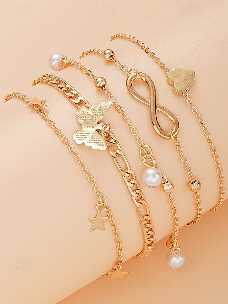 Set di cavigliere da donna placcate in oro a strati con ciondoli a forma di farfalla, cuore, stella, infinito e perla - regolabili, stile boho chic per la spiaggia e l'abbigliamento casual del 2025 a $7.99 –P4