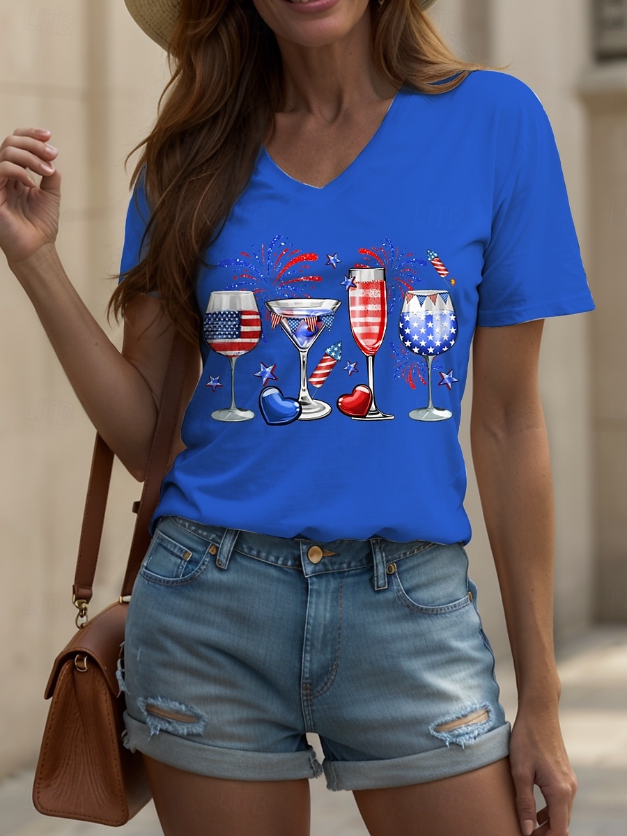 T-shirt patriote pour femmes graphique cœur étoile vintage élégant classique à manches courtes col en V tops réguliers quotidiens week-end imprimé noir blanc rouge bleu violet été printemps de 2025 ? $19.99 –P7