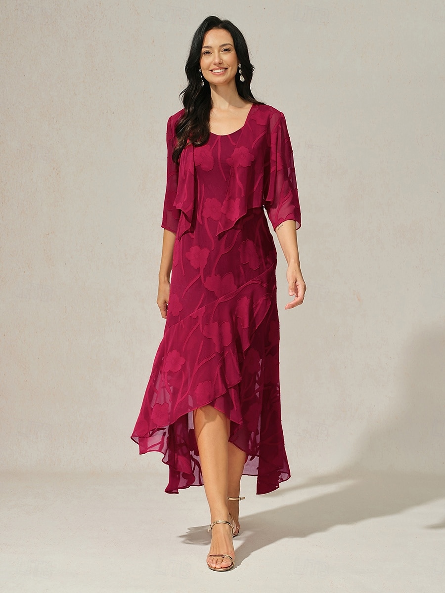 Dame Trekker på skuldrene Helfarge Blomstret Grafisk Elegant Stilfull Grunnleggende 3/4 ermer Asymmetrisk Crop Tops Bryllupsgjest Strandbryllup Paljetter Lapper Rød Sommer Vår Høst 2025 - $39.99 –P3