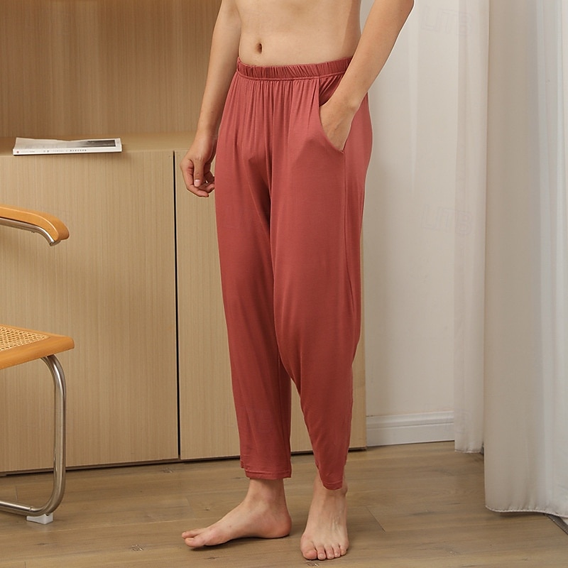 Herr Vardagsklädsel Lounge Byxor Ren färg Mode Klassisk Ledigt Hem Dagligen Säng Polyester Komfort Andningsfunktion Mjuk Byxa Elastisk midja Vår Höst Svart Rubinrött 2025 - $14.99 –P7