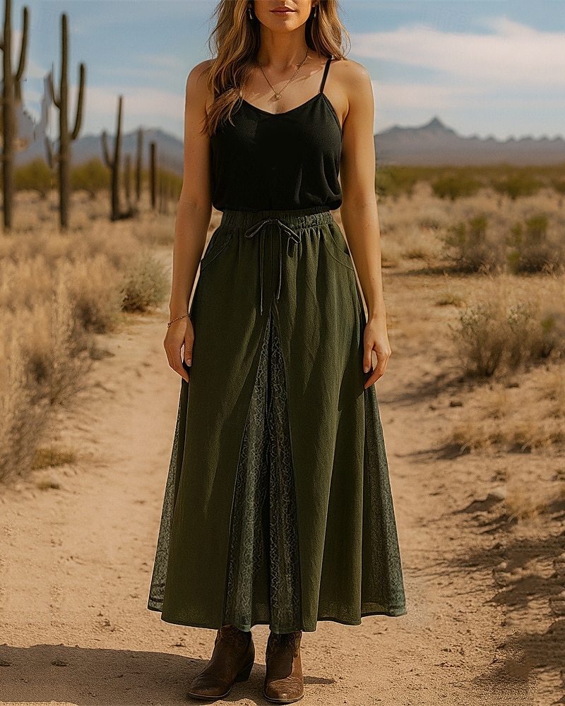 Damen Rock Schwingend Spitzenrock Lässig Boho Maxi Mittlere Taille Röcke Einfarbig Spitze Urlaub Ferien Grün Sommer Polyester 2025 - $28.99 –P1