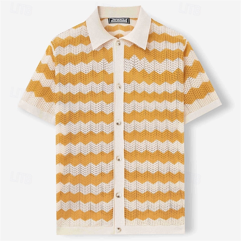 Férfi Button Up Polos Golfing Hétköznapi Sport Hajtóka Rövid ujjú Divat Alap Vonalak / hullámok Gombok Nyár Sárga Kék Barna Button Up Polos 2025 - €26.36 –P7