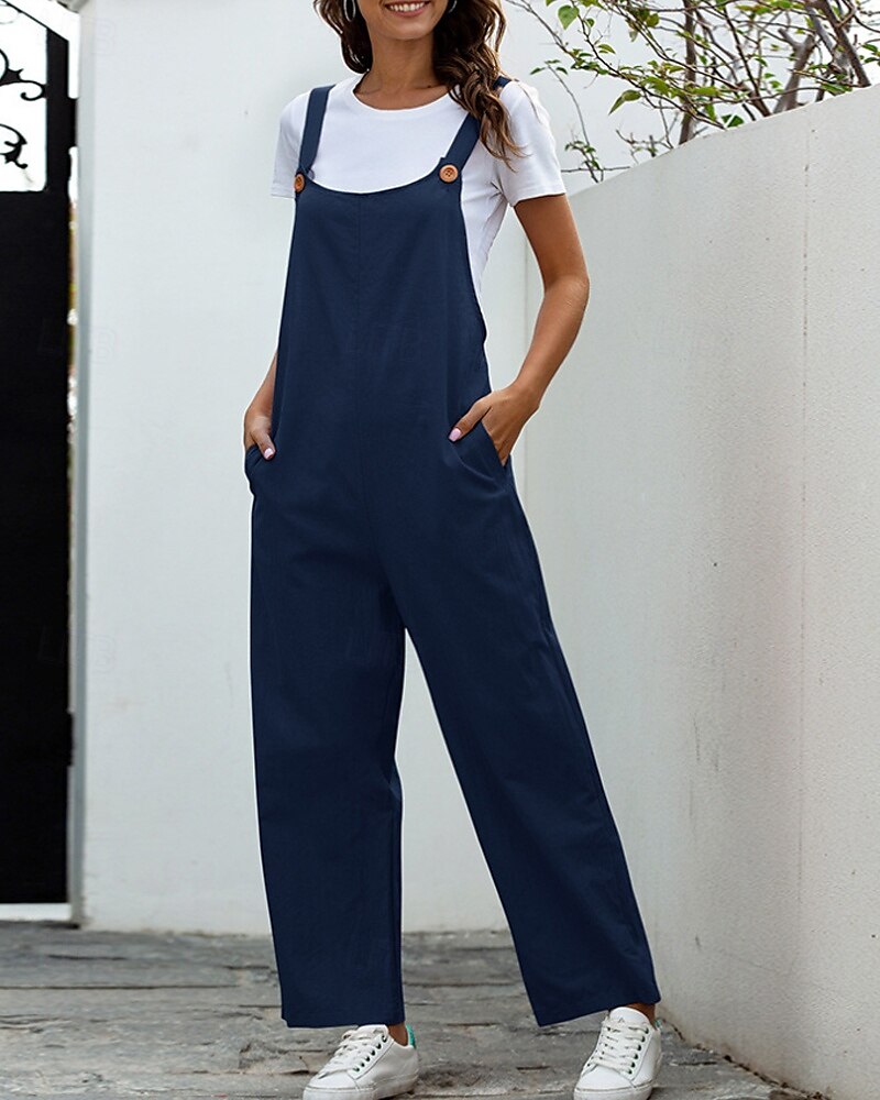 Femmes Normal Pantalon en coton et lin Basique Couleur Unie Sans manches Col en U Avec Poches Rue Sortir Coupe régulière Noir Blanche bleu marine Été de 2025 ? $29.99 –P7