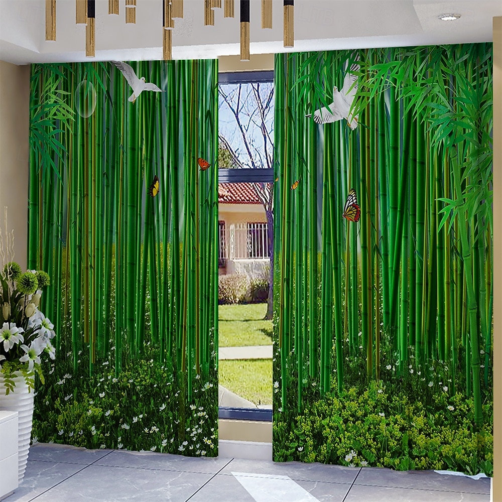 Set de 2 perdele cu model de bambus verde, potrivite pentru studiu, bucătărie, living, dormitor, genți pentru stâlpi, accesorii pentru dormitor, decorare cameră și decorare casă, perdele de tavan 2026 - $32.99 –P2