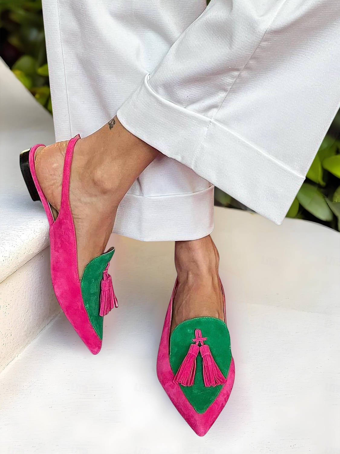 Women's Colorblock Suede Pointed Toe Slingback Flats - Pink and Purple Tassel Loafers for Adults, Daily Date & Trendy Casual Outings 2025 - $34.99 –P2