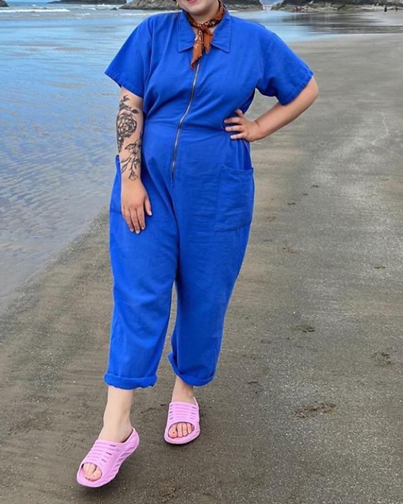 Damen Normal Overall Streetwear Einfarbig Kurzarm Hemdkragen Reißverschluss Ausgehen Wochenende Normale Passform Blau Schwarz Rosa Sommer 2026 - $31.99 –P5