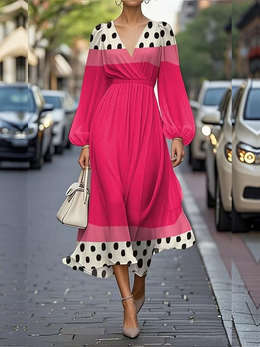 Per donna Abito maxi Abito a trapezio Casual All'aperto Uscire Vestibilità regolare Floreale Grafico Geometrico Manica Lunga Scollo a V Bianco Viola Fucsia Arancione Estate del 2025 a $39.99 –P4