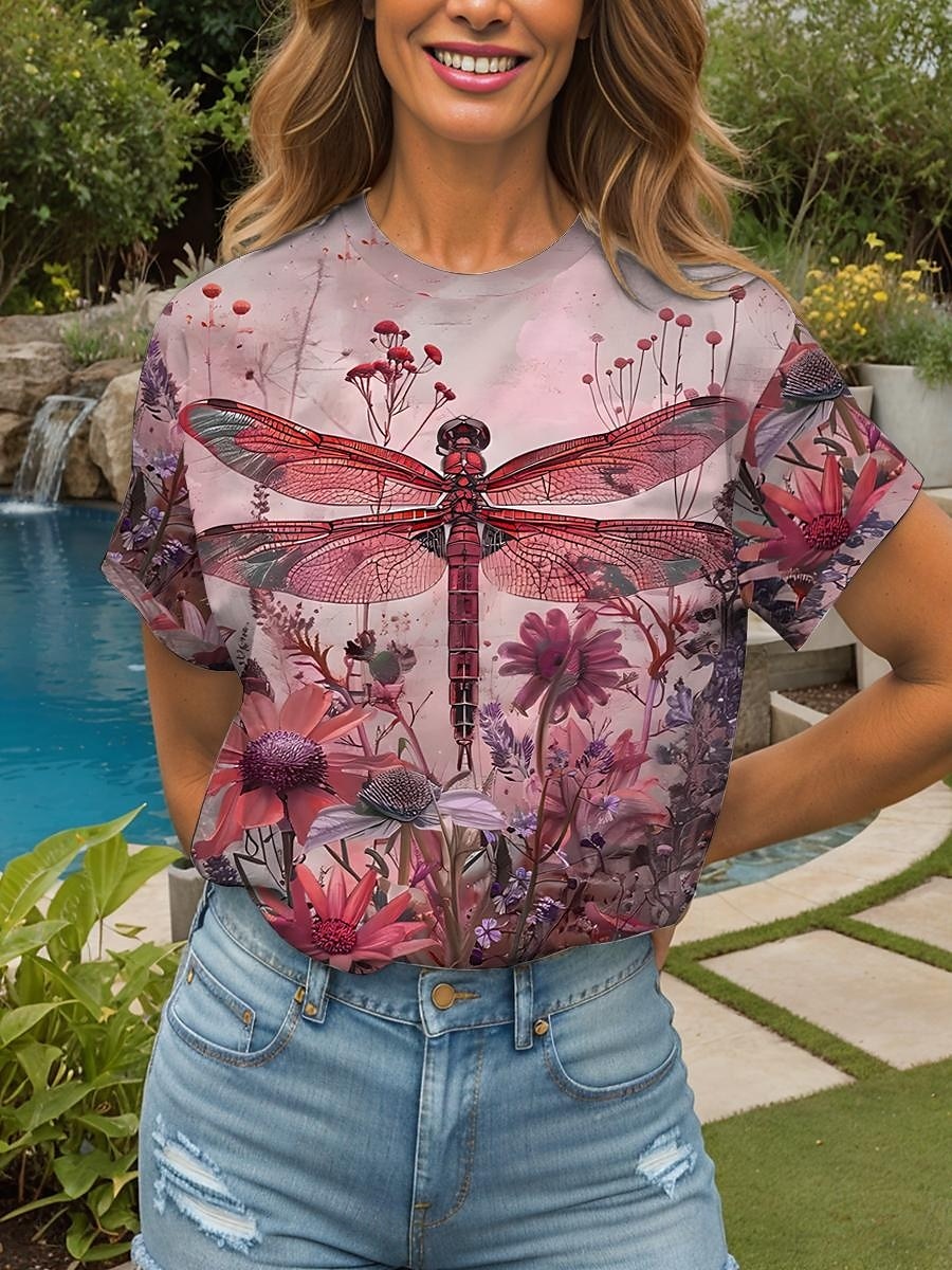 Femmes T-shirt Fleuri Graphique Libellule ancien Élégant Classique Manche Courte Col ras du cou Col rond Hauts Réguliers Quotidien Imprimé Jaune Rouge Bleu Violet Vert Été Printemps de 2025 ? $19.99 –P5