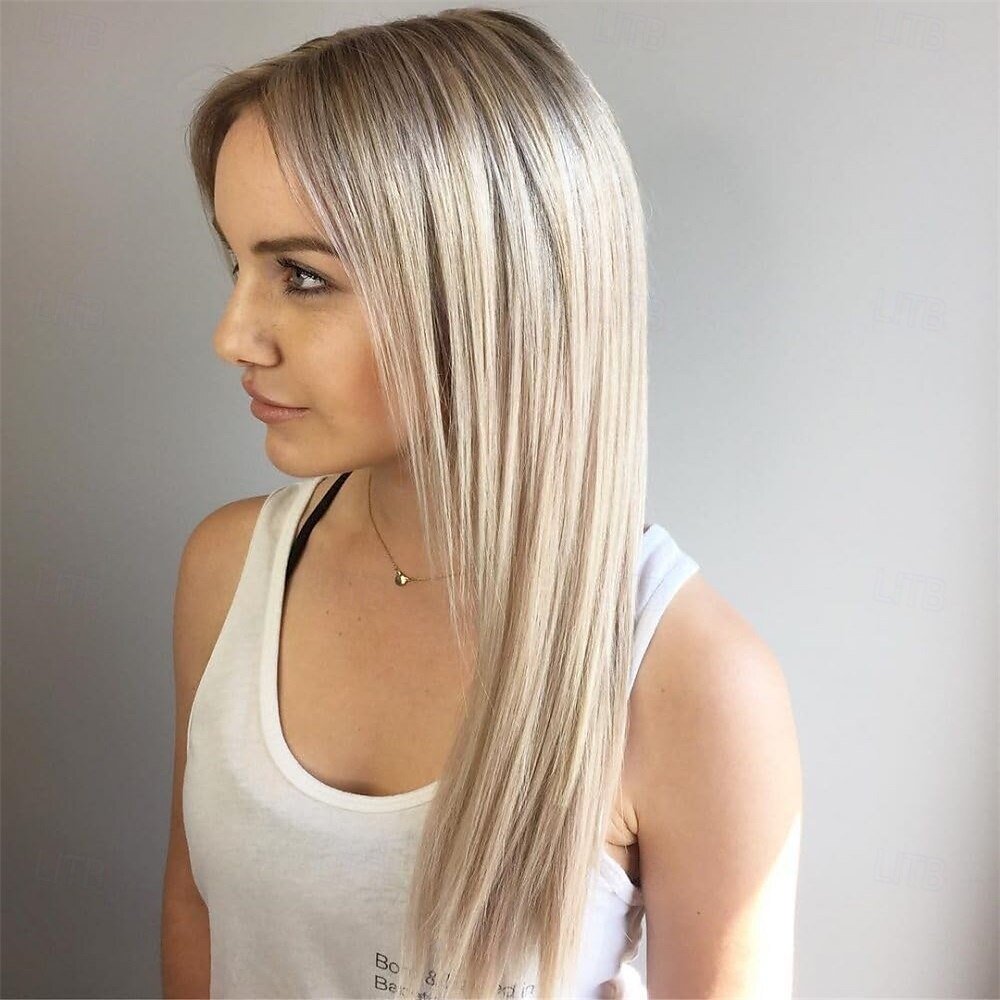 Peruca loira ombré longa de aparência natural com raízes castanhas, sem cola, para mulheres, cabelo sintético liso e sedoso, resistente ao calor, 28 polegadas de 2025 por $27.99 –P6