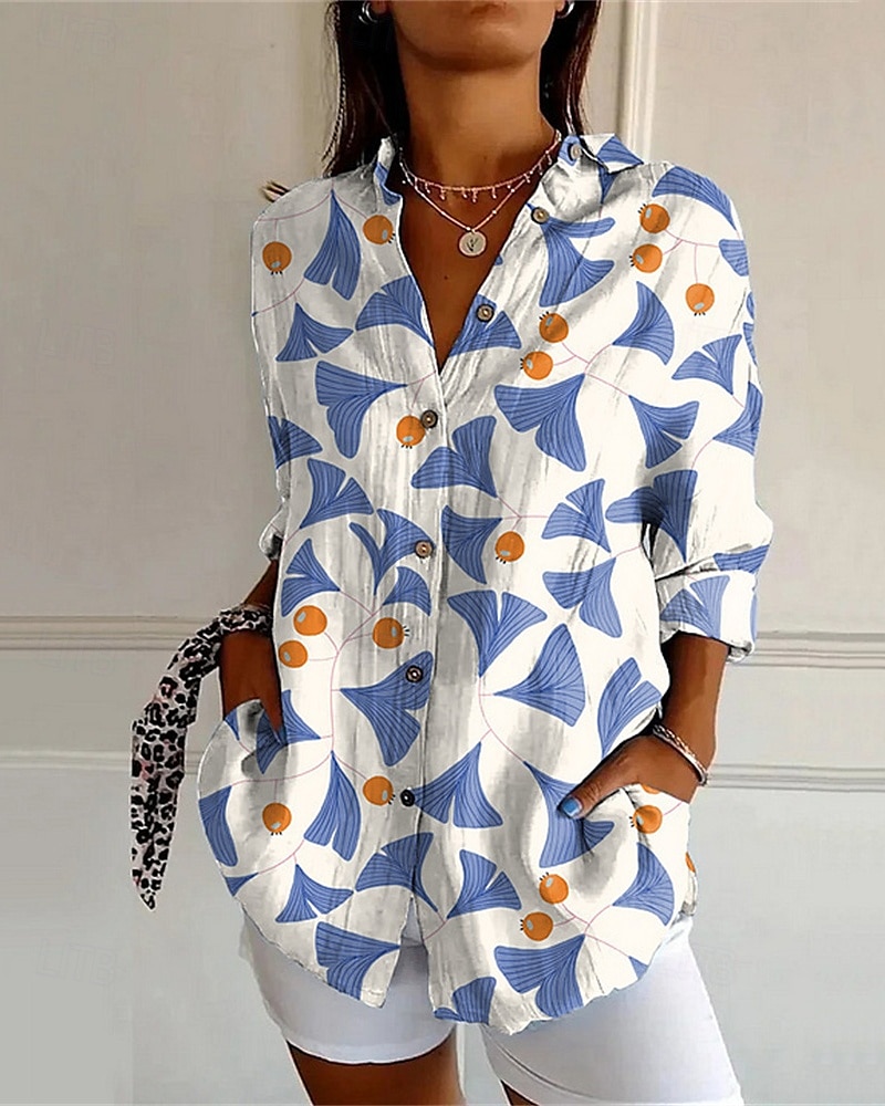 Femmes Chemise Fleur Quotidien Élégant Basique Demi Manches Col en V Hauts Réguliers Quotidien Fête Imprimé Blanche Bleu Beige Printemps Automne de 2025 ? $25.99 –P3