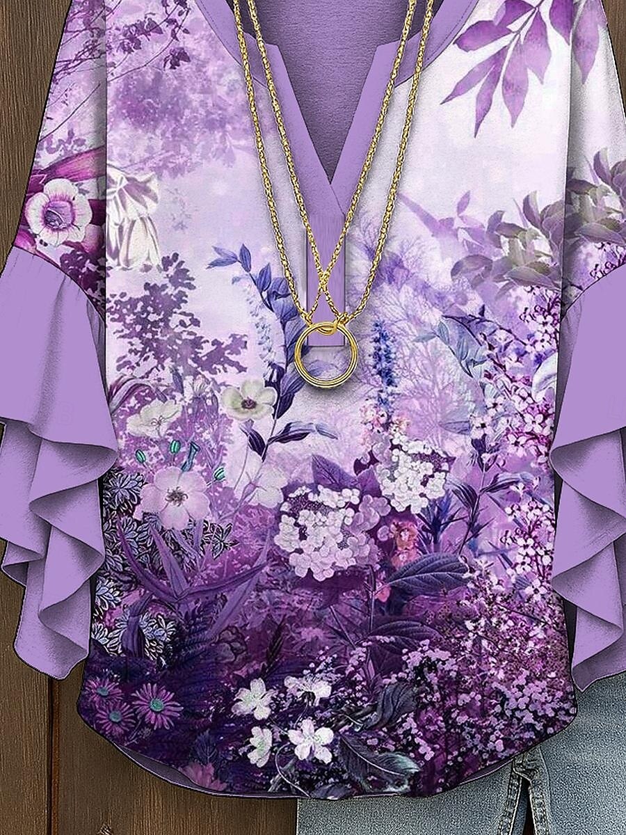 Dame Bluse Nyanse Blomstret Grafisk Elegant Bohem Etnisk 3/4 ermer V-hals Vanlige topper Daglig Ferie Ferieklær Trykt mønster Gul Rosa Blå Lilla Grønn Sommer Vår Høst 2025 - $29.99 –P3