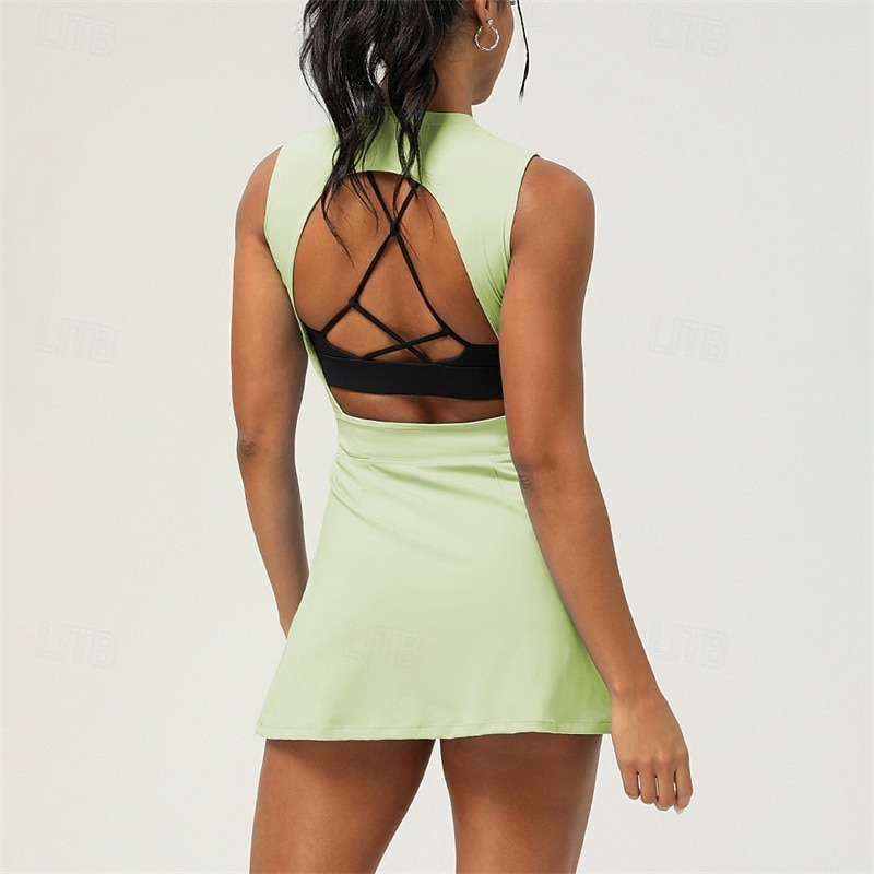 Per donna Tinta unita Gonne da tennis con pantaloncini Abito sportivo Senza Maniche Coulisse Arricciato Senza schiena Traspirante Tennis Golf Pickleball Scollatura posteriore Verde Chiaro Blu marino del 2025 a $34.99 –P5