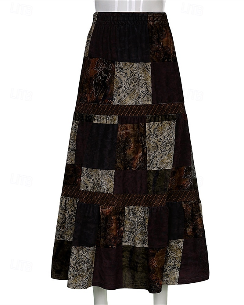 Per donna Gonna Linea A Svasato Casual Boho Maxi Vita Alta Gonne Blocco di colori Patchwork Vacanza Ferie Marrone Estate Poliestere del 2025 a $24.99 –P6