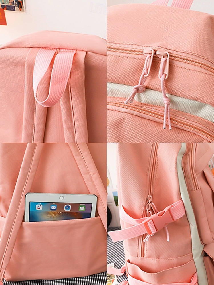 damski 6-częściowy uroczy plecak kawaii z przezroczystymi kieszeniami z przodu, przypinkami z kreskówek i pluszowymi zawieszkami, lekka nylonowa torba szkolna dla nastoletnich dziewcząt, do codziennego użytku na uczelnię 2026 - $34.99 –P8