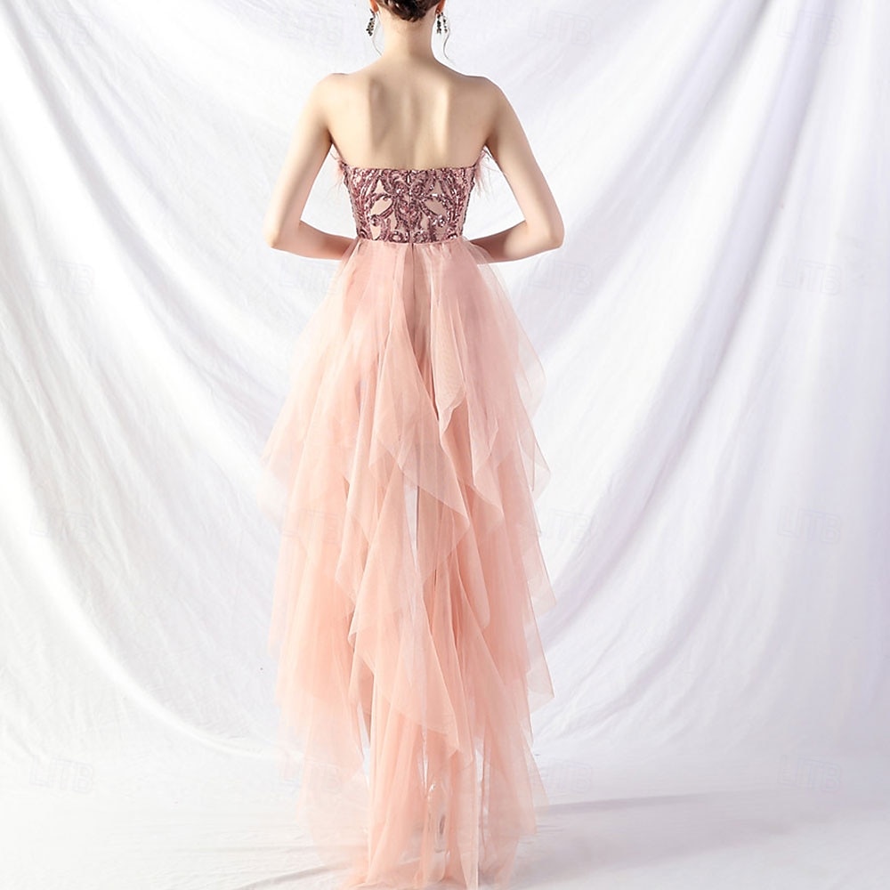 A-Line Quinceanera Dresses Elegant Dress Formal Wedding Asymmetrical Sleeveless Strapless Tulle Backless with Feather Embroidery 2025 - $84.99 –P6