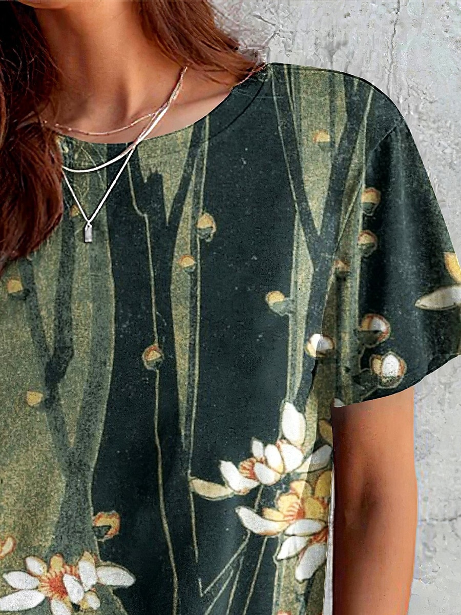 Dame T skjorte Blomstret Grafisk Planter Årgang Stilfull Klassisk Kortermet Crew-hals Rund hals Vanlige topper Daglig Helg Trykt mønster Mørkegrønn Sommer Vår 2025 - $19.99 –P2