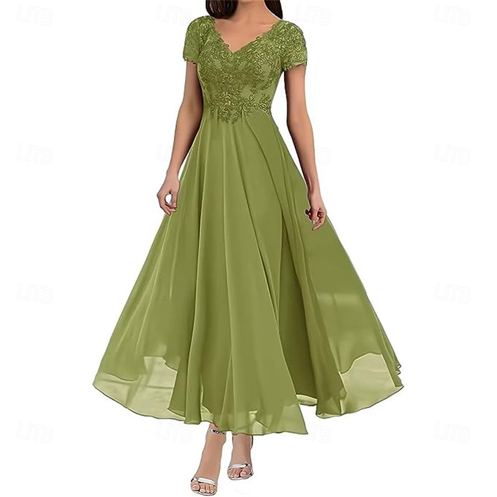 A-Linie Brautmutterkleid Elegant V Ausschnitt Bodenlang Polyester Kurzarm mit Einfarbig 2025 2025 - $119.99 –P14
