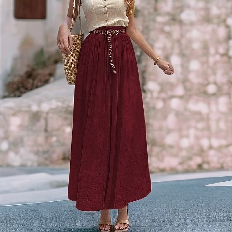 Damen Asiatische Größe Schwingend Leinenröcke Elegant Lässig Midi Hohe Taille Röcke Einfarbig Gerafft Plissiert Fließend Mikroelastisch Urlaub Täglich Wein Schwarz Weiß Rosa Frühling, Herbst, Winter 2025 - $32.99 –P11