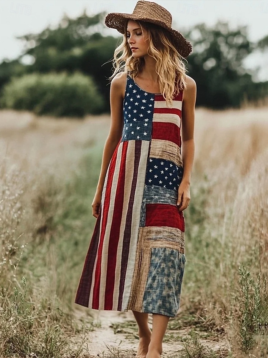 Robe maxi patriote pour femmes robe en A robe hors épaules vacances décontractée fête rue coupe regular graphique drapeau sans manches col carré col rond rouge bleu de 2025 ? $25.99 –P1