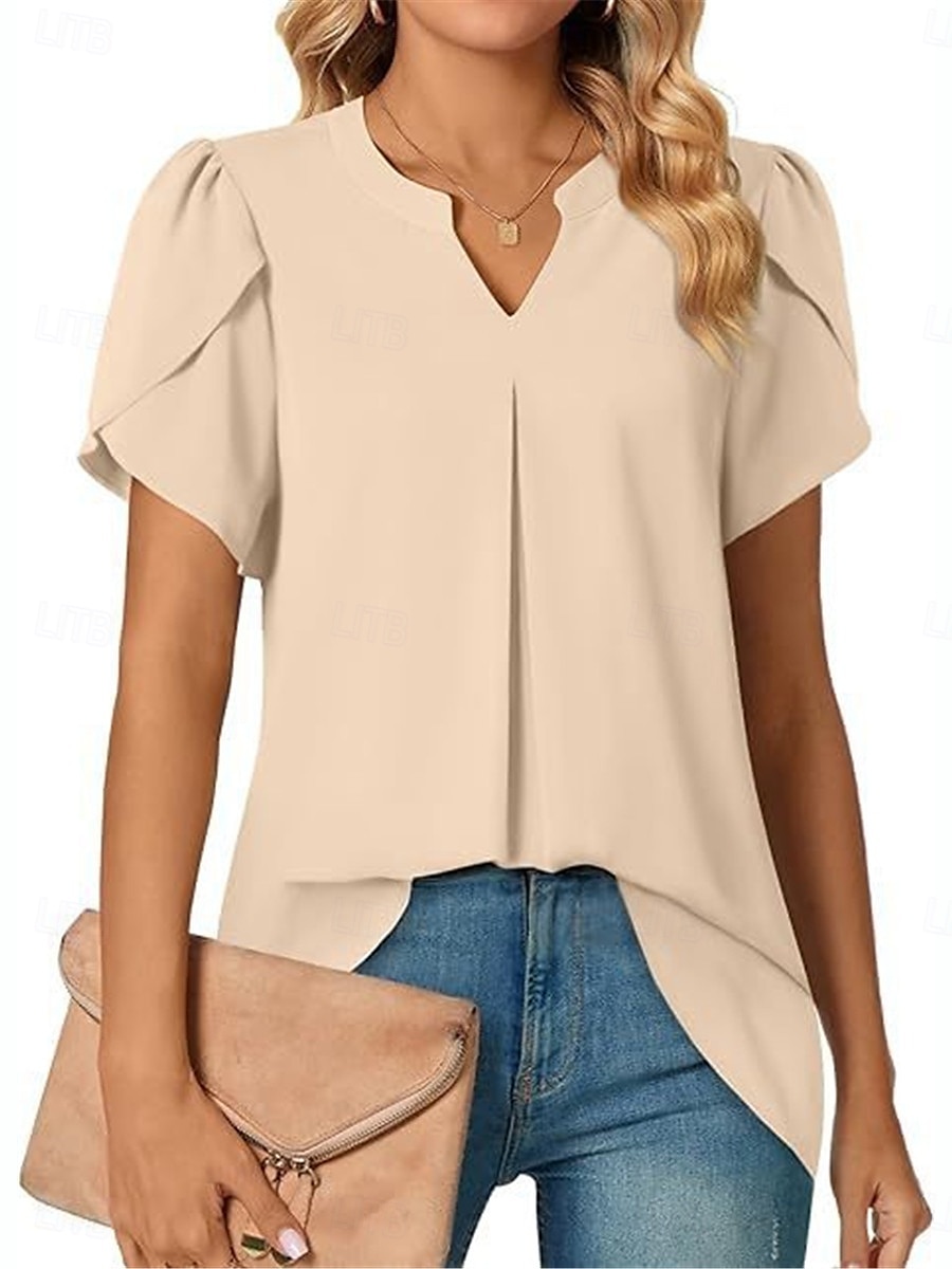 Femmes Chemisier Couleur Unie Élégant Basique Occasionnel Manche Courte Col en V Hauts Réguliers Quotidien Noir Blanche Bleu Vert Abricot Été de 2025 ? $19.99 –P6
