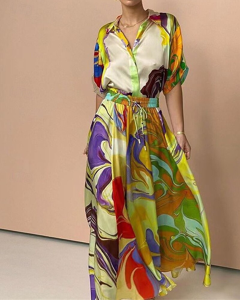 Femmes Mode Streetwear Jupe Ensembles Demi Manches Col de chemise Abstrait Imprimé Tenue quotidienne Date Vert Été Coupe régulière de 2025 ? $43.99 –P1