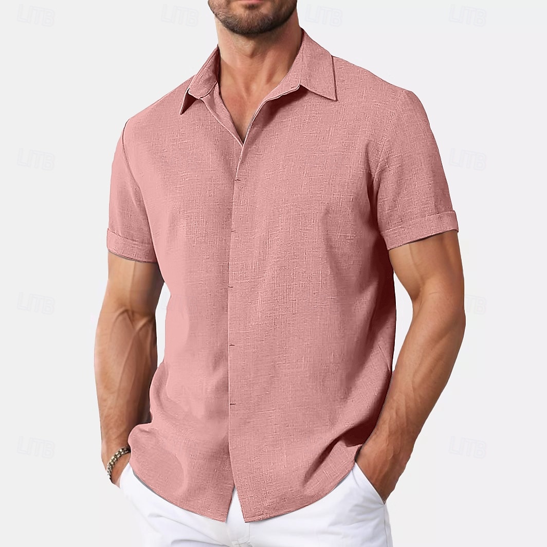 Men's Shirt Linen Shirt Summer Shirt Casual Shirt Beach Shirt Button Down Shirt Plain Casual Daily Black White Pink Blue Short Sleeve Collar Summer Clothing Apparel 2025 - $21.99 –P8