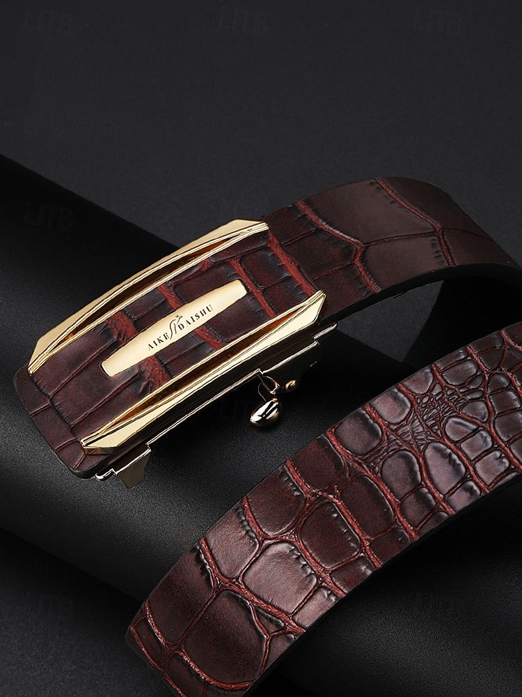 Cintura da uomo in vera pelle con fibbia automatica e cricchetto - classico motivo coccodrillo, stile elegante, adatta per matrimoni, affari e occasioni formali del 2025 a $26.99 –P6