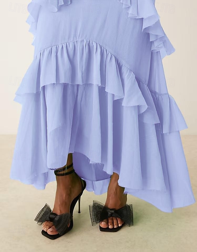 A-Linie Brautmutter Kleid Rohe Kanten Einfach Minimalistisch Boot-Ausschnitt Bodenlang Chiffon Kurzarm mit Kaskade Rüschen 2025 - $123.99 –P2