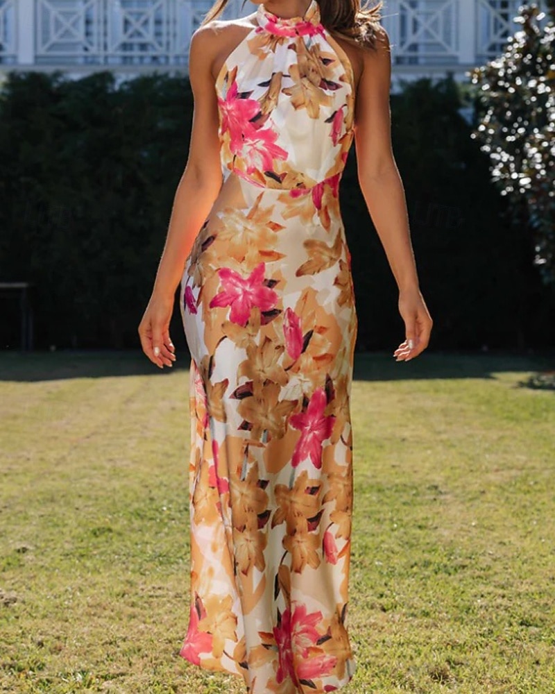 Women's Long Dress Maxi Dress Floral Dress Halter Neck Dress Fashion Modern Vacation Going out Weekend Regular Fit Flower Sleeveless Halter Neck Yellow Pink Green Summer 2026 - $27.99 –P10