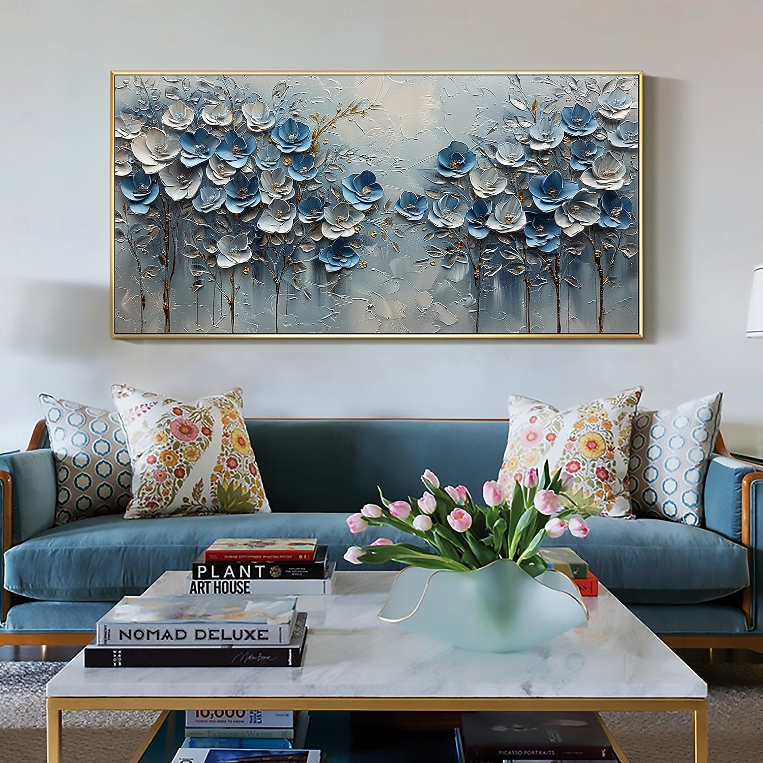 Peinture à l'huile originale faite à la main de fleurs bleues sur toile, art mural abstrait de paysage d'arbre pour la décoration intérieure avec cadre tendu sans cadre intérieur de 2025 ? $131.99 –P1