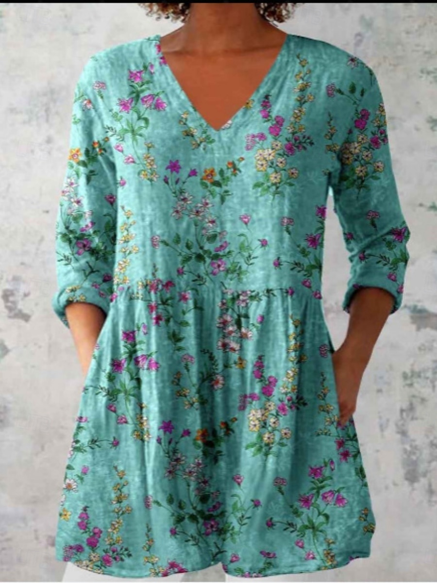 Women's Blouse Floral Graphic Bohemia Vintage Casual Long Sleeve V Neck Regular Tops Daily Going out Pocket Print Wine Blue Fuchsia Green Light Blue Summer 2025 - $29.99 –P5