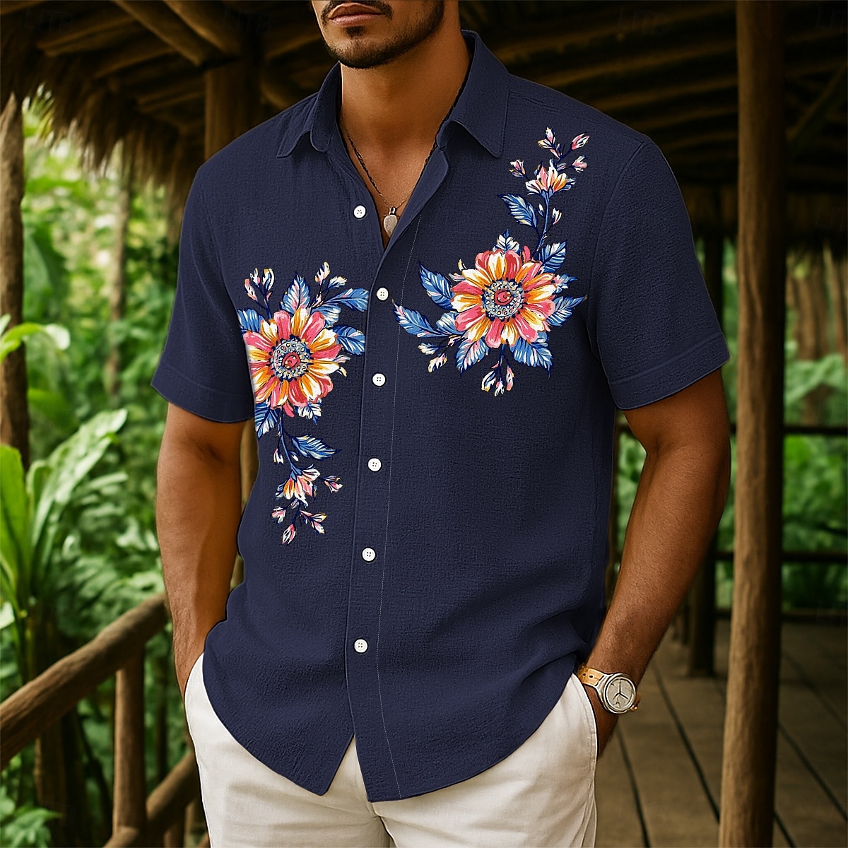 Per uomo Camicia Camicia di lino Camicia Estiva Camicia da Spiaggia Camicia con Bottoni Floreale Casuale Ferie Giallo Rosa Blu marino Verde Manica Corta Collo ripiegato Estate Abbigliamento Tasca del 2025 a $23.99 –P8