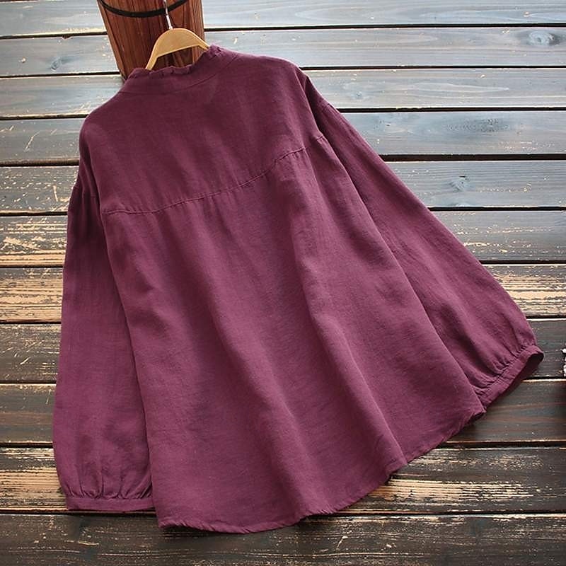Neujahr Damen Elegante Oberteile Einfach Stilvoll Basic Modern Langarm Bischofsärmel Rundhalsausschnitt Normale Oberteile Arbeit Täglich Clubuniformen Gerafft Knöpfe Tunika Schwarz Purpur Khaki 2025 - $21.99 –P9