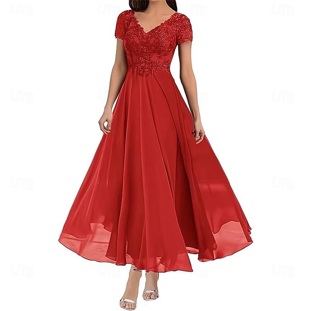 A-Linie Brautmutterkleid Elegant V Ausschnitt Bodenlang Polyester Kurzarm mit Einfarbig 2025 2025 - $119.99 –P21