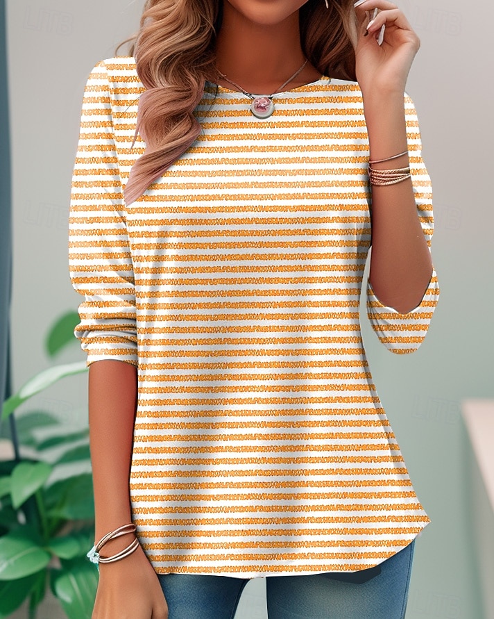 Damen T-Shirt Langarm Rundhals Langarm Tunika Grafik Gestreift Elegant Vintage Reguläre Oberteile Täglicher Ausgehen Wochenenddruck Pink Blau Lila Orange Grün Vorherbst 2026 - $24.99 –P5
