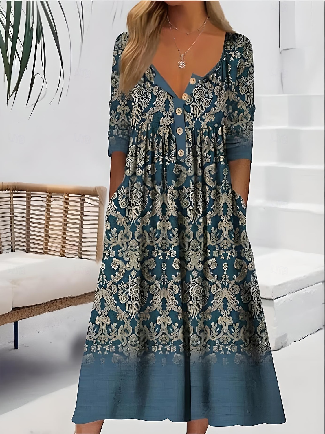Damen Midikleid Sommerkleid Faltenkleid Urlaub Lässig Strand Ferien Normale Passform Blumen Grafik Kurzarm Rundhalsausschnitt Weiß Blau Leicht Blau Sommer 2025 - $36.99 –P1