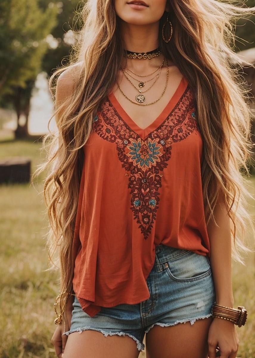 Damen Bluse Druck Blumen Grafik Paisley-Muster Bohemien Vintage Tropisch Ärmellos Träger Normale Oberteile Täglich Ferien Strandbekleidung Orange Sommer Frühling 2026 - $19.99 –P1