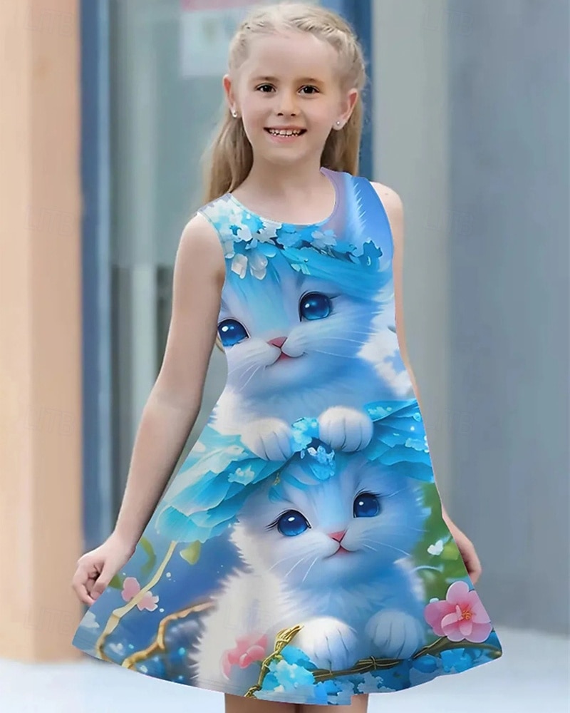 Girls ' 3D Cica Ruha Ujjatlan Nyár Tavasz Vakáció Napi Szabadság Hercegnő gyönyörű Édes Gyerekek 4-12 év hétköznapi ruha A vonalú ruha Térdig érő Normál 2025 - $13.99 –P1