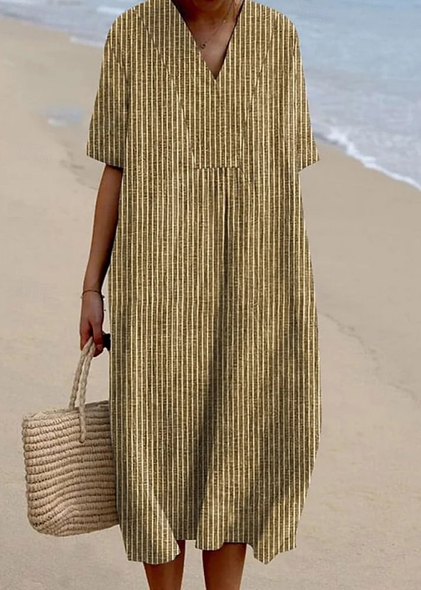 Per donna Abito Midi Vestito Estivo Abito a trapezio Vacanza Casual Spiaggia Feste Uscire Spiaggia Vestibilità comoda Grafico Geometrico A righe Mezza Manica Scollo a V Giallo Blu Grigio scuro Estate del 2025 a $36.99 –P3