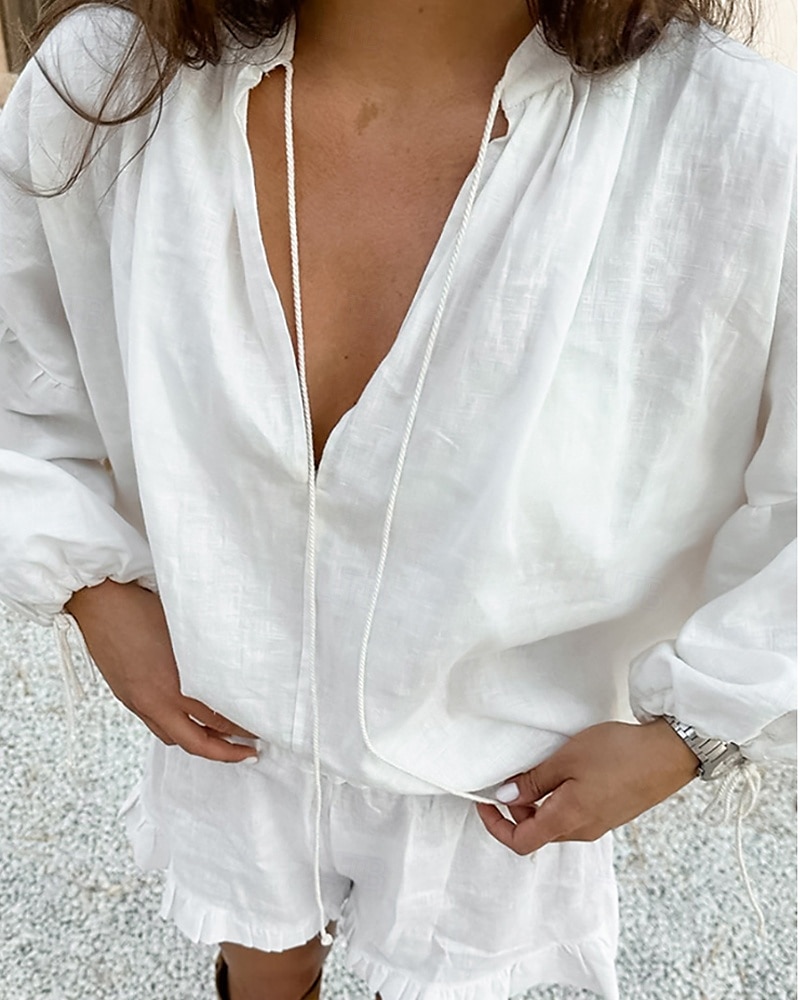 Dames Actief Overhemd Blouse Shorts Sets Lange mouw V-hals Effen Kleur Met ruches Buiten Feestdagen Wit Blozend Roze Zwembad Zomer Normale pasvorm 2025 - $31.99 –P2
