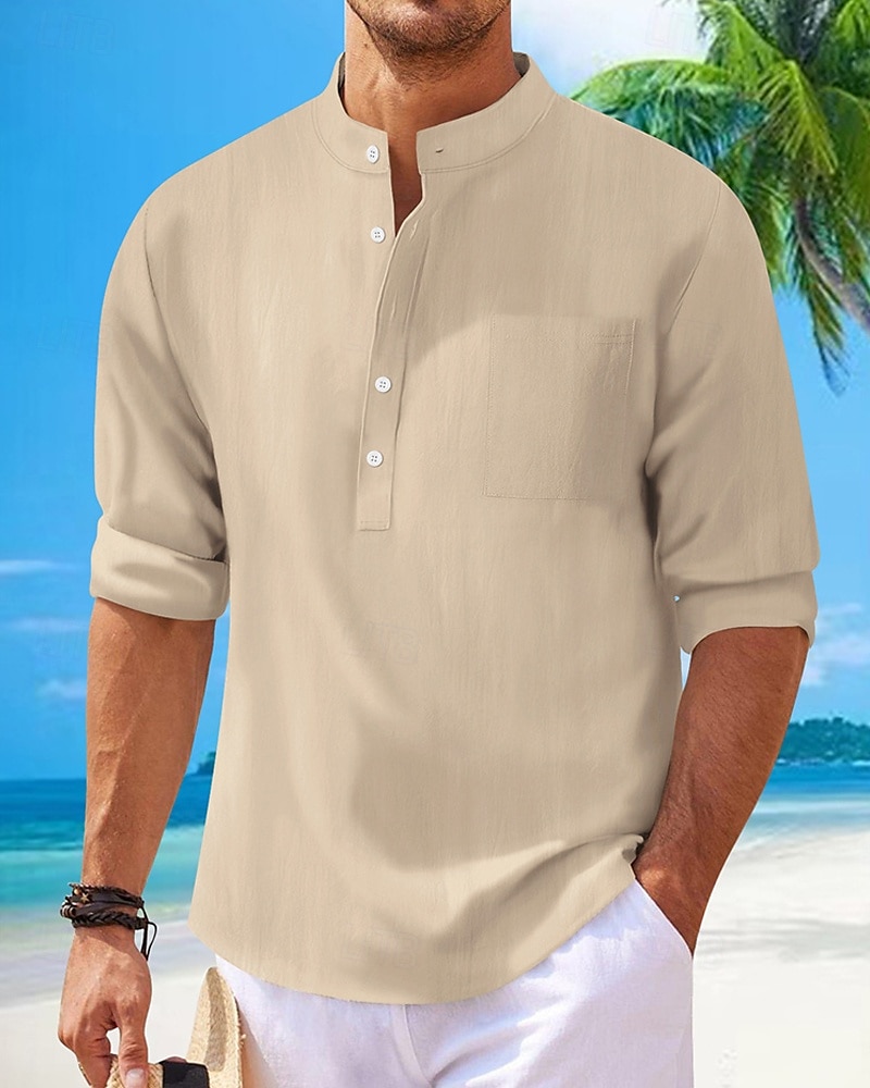 Herren Hemd Leinenhemd Popover-Hemd Freizeithemd Baumwollhemd Einfach Urlaub Hawaiianisch Schwarz Weiß Rosa Marineblau Langarm Stehkragen Frühling Herbst Bekleidung 2025 - $21.99 –P5