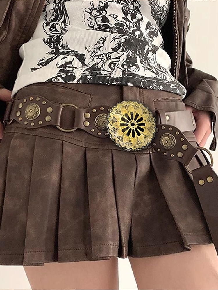 Women's Bohemian Western cowboy style belt with antique brass flower buckle, Adjustable tightness, Suitable for retro fashion, Casual or festival wear 2025 - $14.99 –P4
