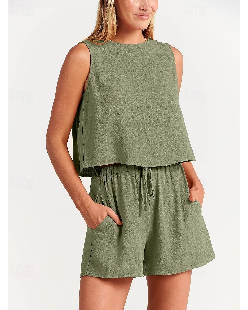 Damen Aktiv Basic Baumwoll-Leinen-Sets Bluse Shorts-Sets Ärmellos Rundhalsausschnitt Einfarbig Kordelzug Ausgehen Wochenende Schwarz Blau Orange Sommer Normale Passform 2025 - NZ $63.49 –P10