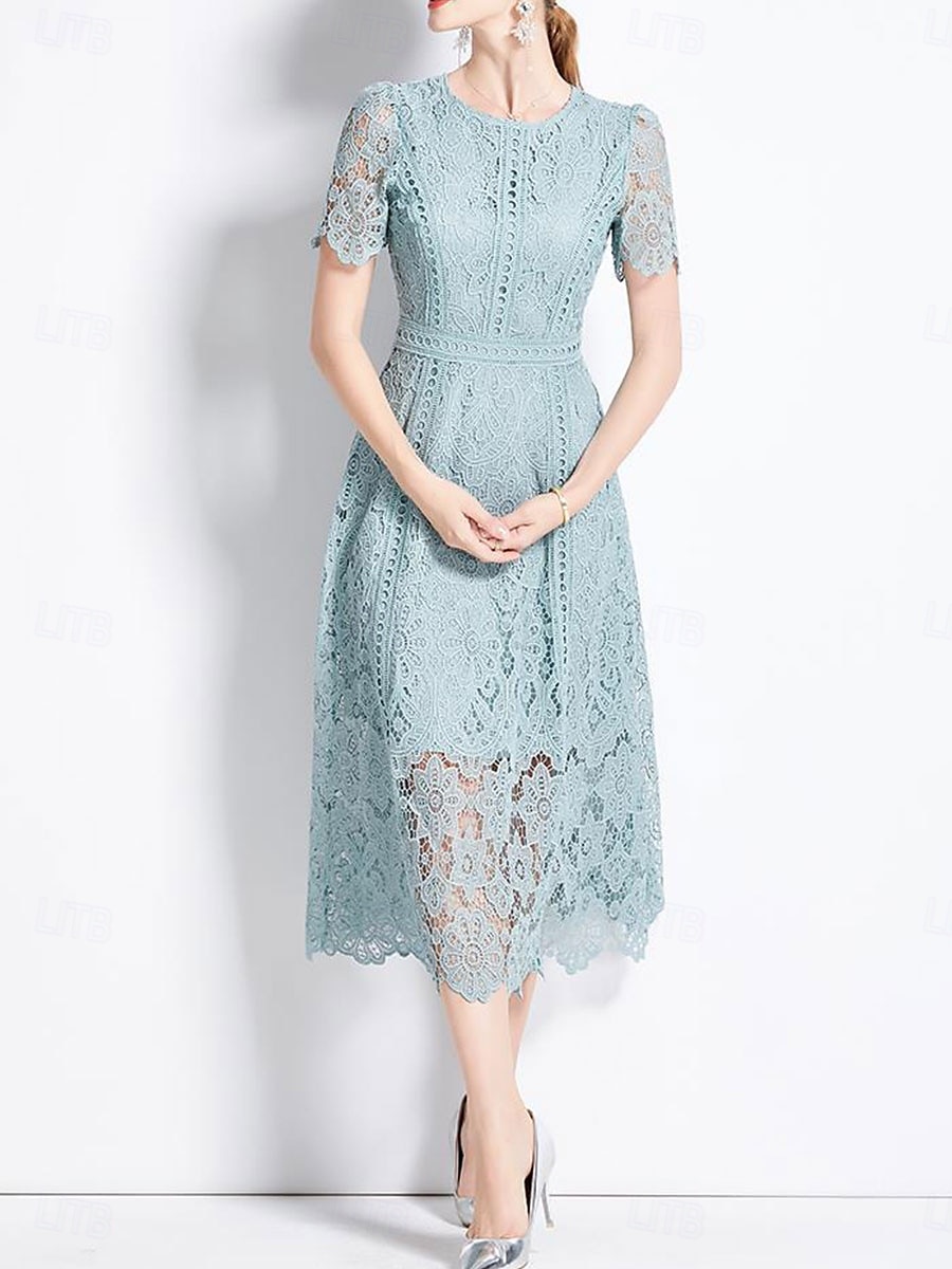 Abito Madre della sposa Abito elegante Collo tondo Lunghezza tè Pizzo Maniche corte con pizzo del 2025 a $99.99 –P6