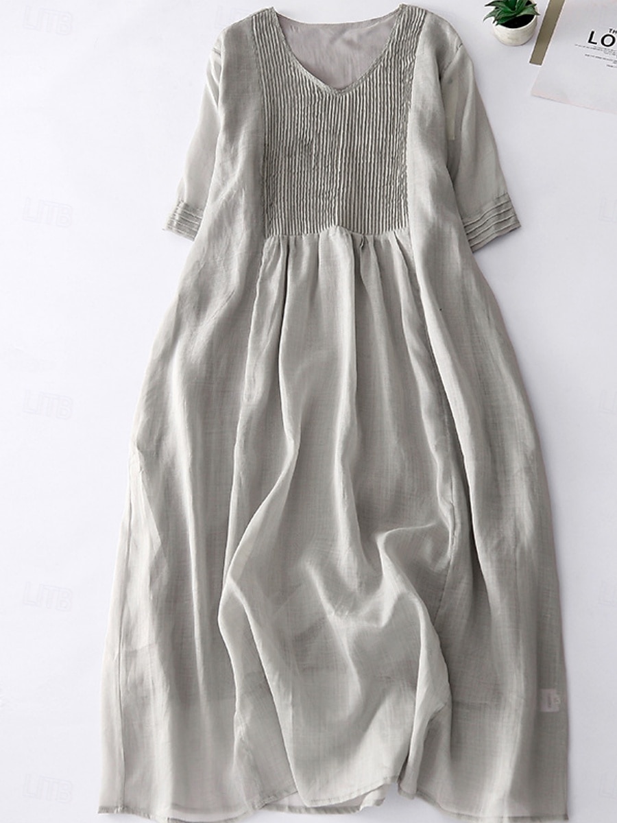 Rochie midi din bumbac și in pentru femei, rochie tip A, rochie de vară, casual, croială regulată, simplă, mânecă scurtă, guler rotund, alb, albastru, violet, verde, vară 2025 - $38.99 –P4