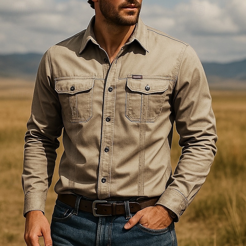 Men's Shirt Summer Shirt Casual Shirt Beach Shirt Button Up Shirt White Navy Blue khaki Gray Long Sleeve Plain Lapel Vacation Hawaiian Pocket Clothing Apparel Polyester Fashion Casual Comfortable 2025 - $22.99 –P1