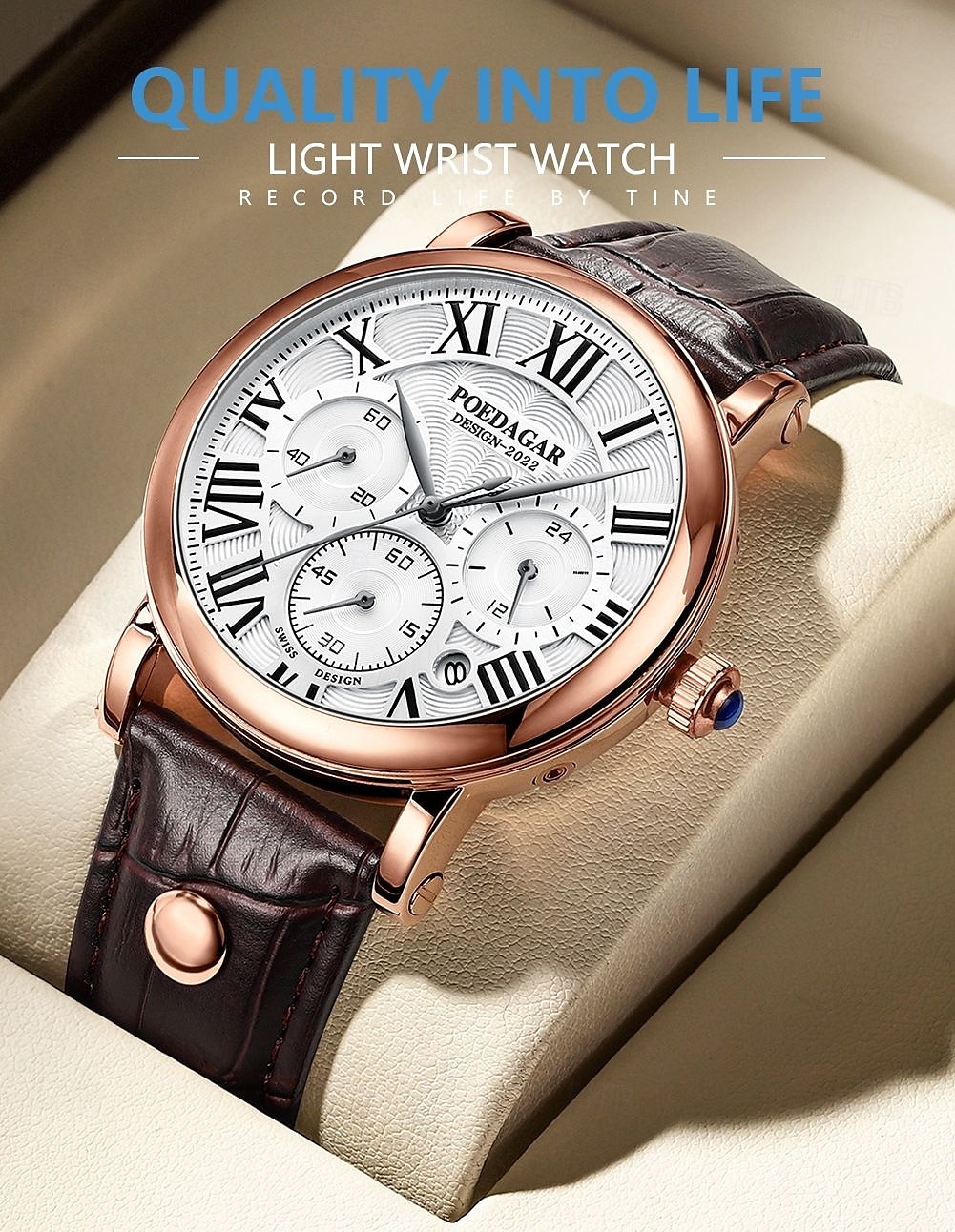 Классические мужские кварцевые часы – стиль хронографа водонепроницаемые кожаный ремешок бизнес-кэжуал аналоговые наручные часы 2026 - $18.99 –P3