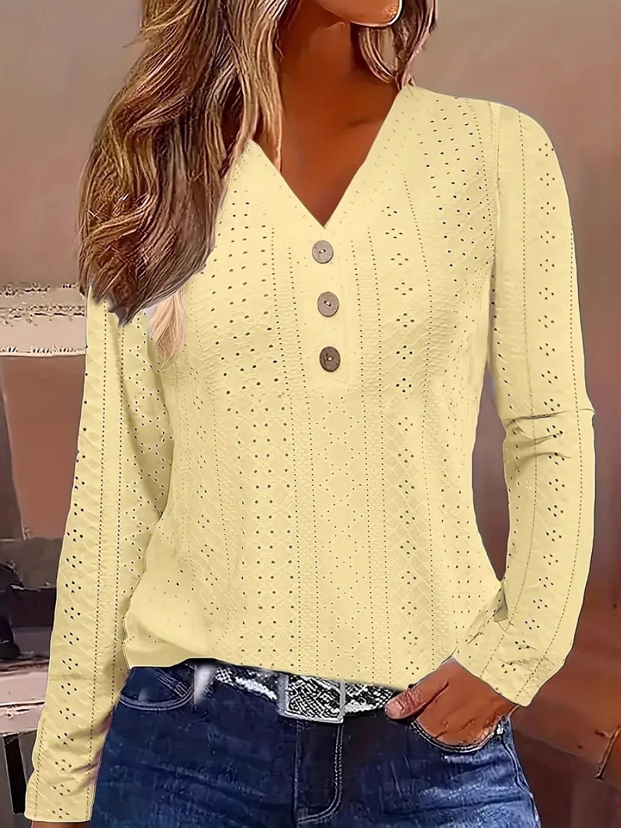 Femmes Chemisier Couleur Unie ancien Tropical Élégant manche longue Col en V Hauts Réguliers Quotidien Boutons Œillet Blanche Jaune Rose Claire Bleu Été de 2025 ? $18.99 –P2