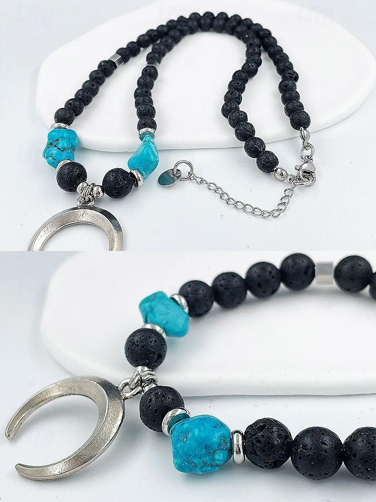 Men's Lava Rock Beaded Necklace with Turquoise and Crescent Moon Pendant - Boho Style, Adjustable Length, Unisex for Casual Wear, Outdoor and Daily Use 2025 - $9.99 –P6