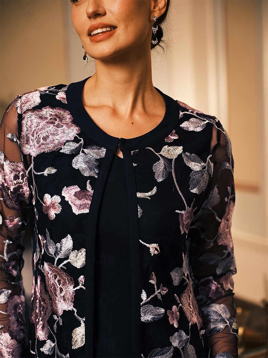 Dam Kappa Andningsfunktion Spets Broderad Elegant Blommig Formell Bröllop Fest Lång Rund halsringning Lös passning Långärmad Ytterkläder Grå rosa Svart Vinröd Sommar Vår 2025 - $50.99 –P2